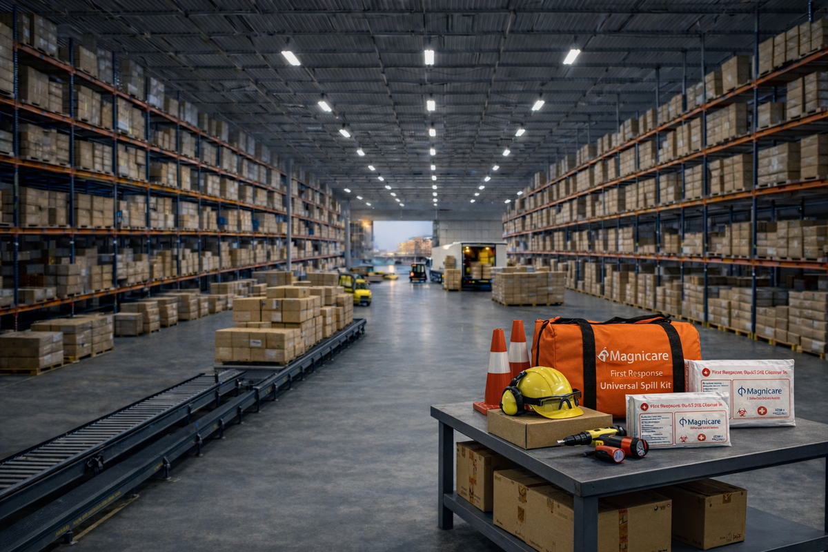 Magnicare spill cleanup products in a warehouse