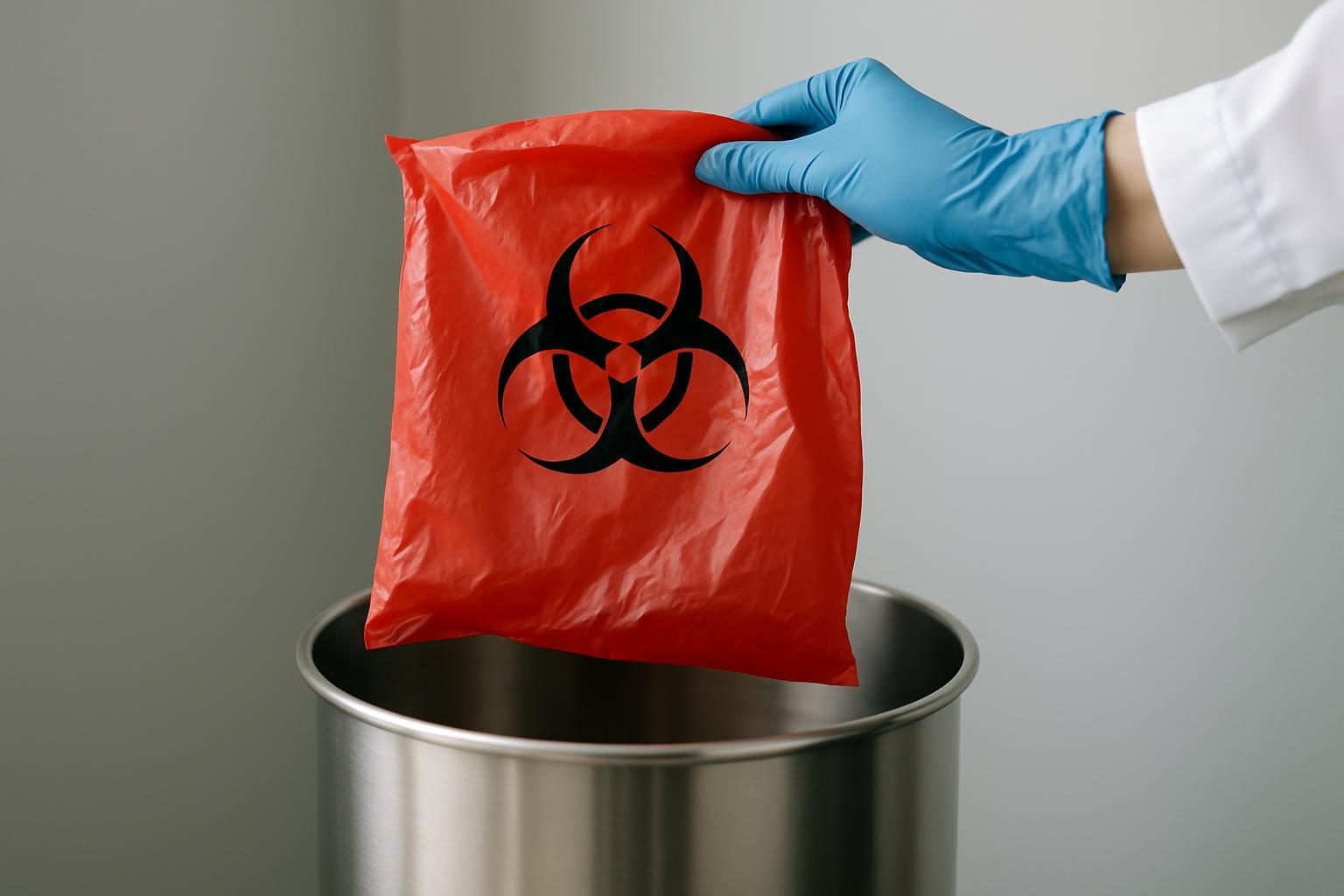 Gloved hand holding an open red biohazard bag over a stainless steel bin, showing regulated waste containment