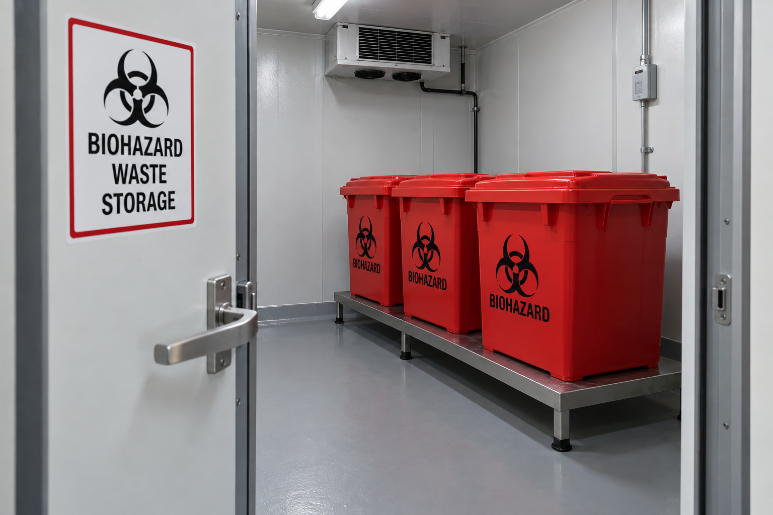 Closed red biohazard containers on a raised platform in a dedicated refrigerated waste-storage room