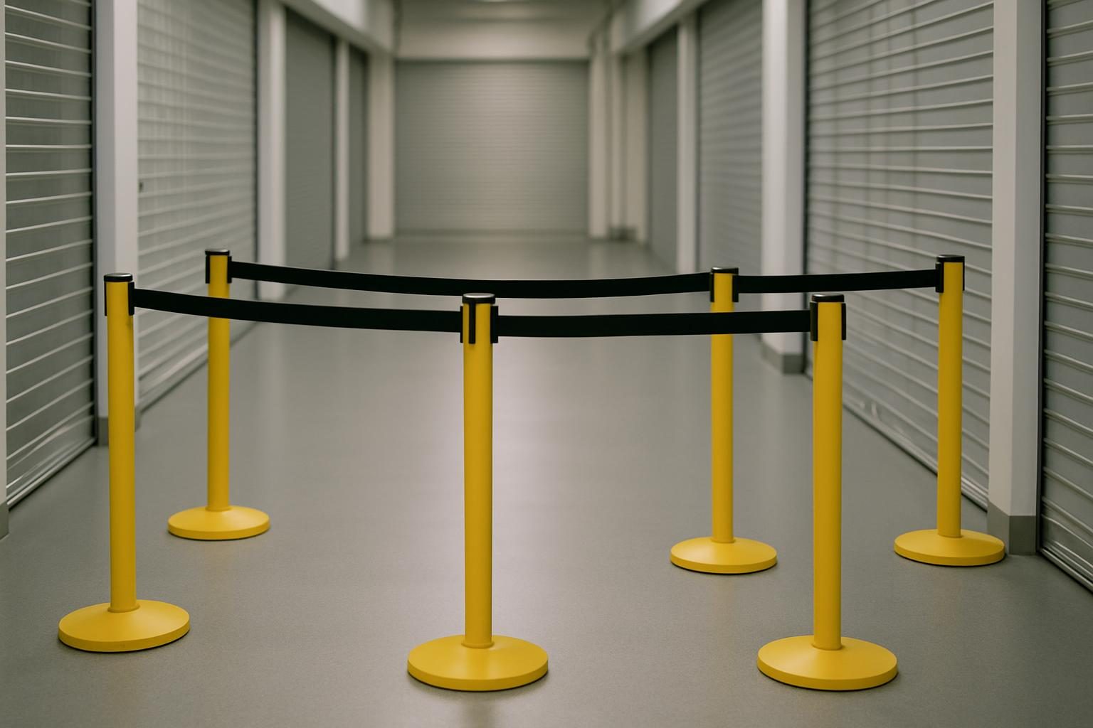A retail store walkway closed off with barrier posts and tape while a blood spill is cleaned up under OSHA requirements