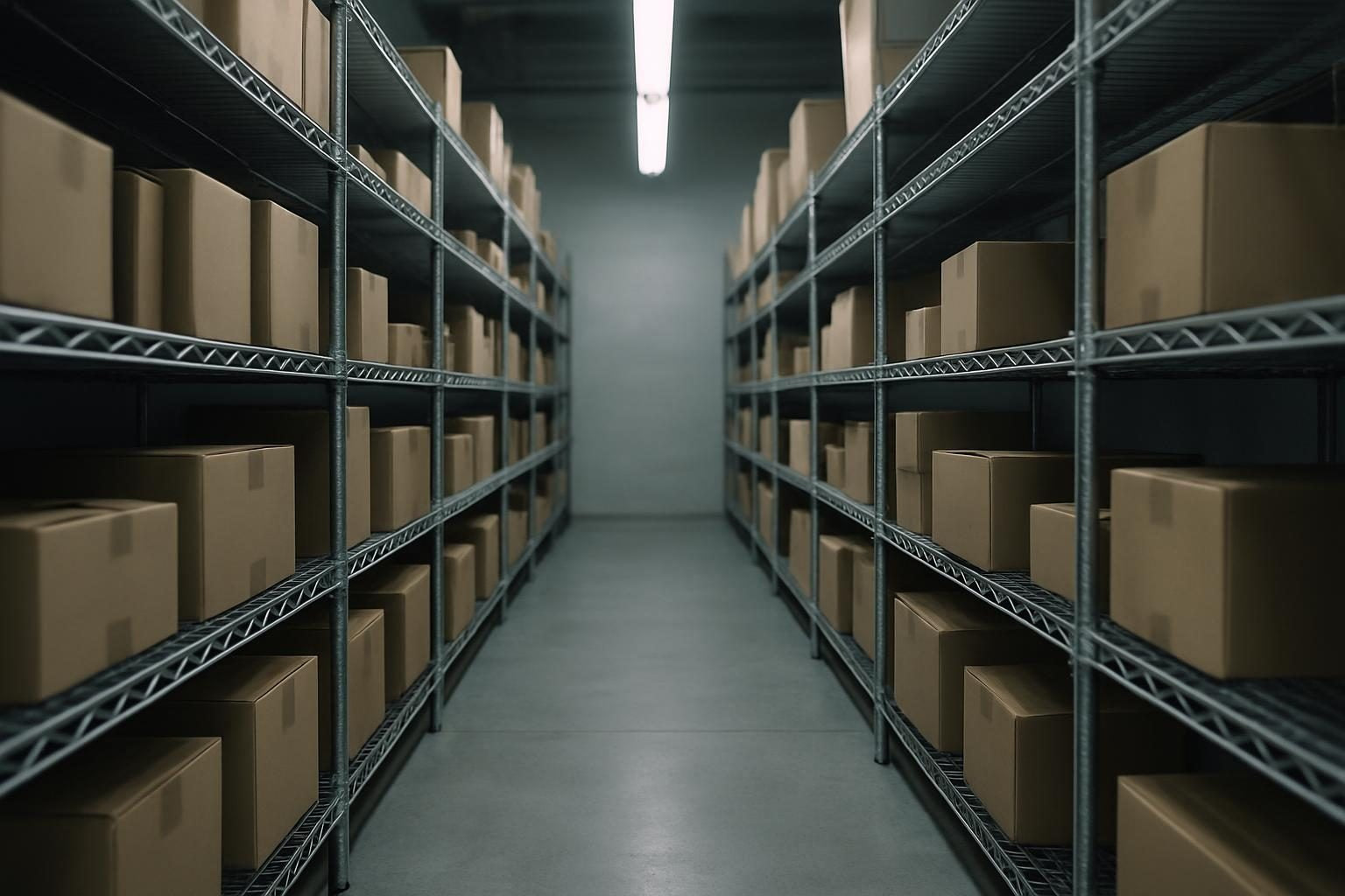Back-of-house stockroom aisle with plain grey wire shelving, where a bloodborne pathogen cleanup kit is kept ready for use
