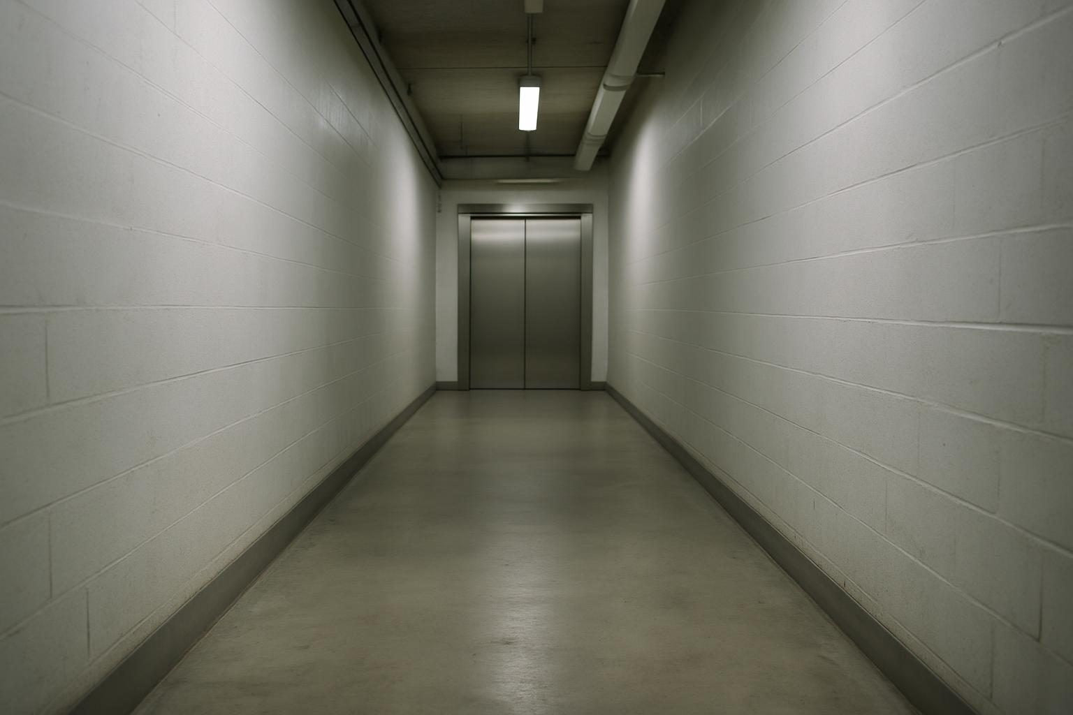 Empty back-of-house goods corridor with a sealed concrete floor and a stainless service lift door