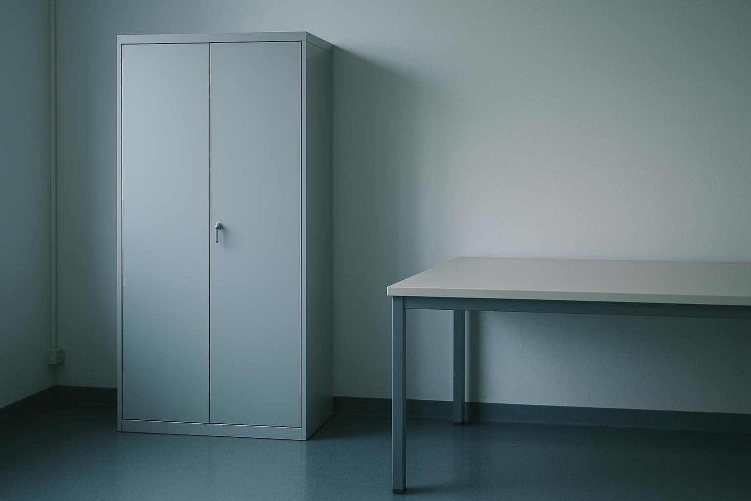 Empty back office with a plain unmarked grey lockable metal cabinet beside a bare desk, where confidential bloodborne pathogen records are kept