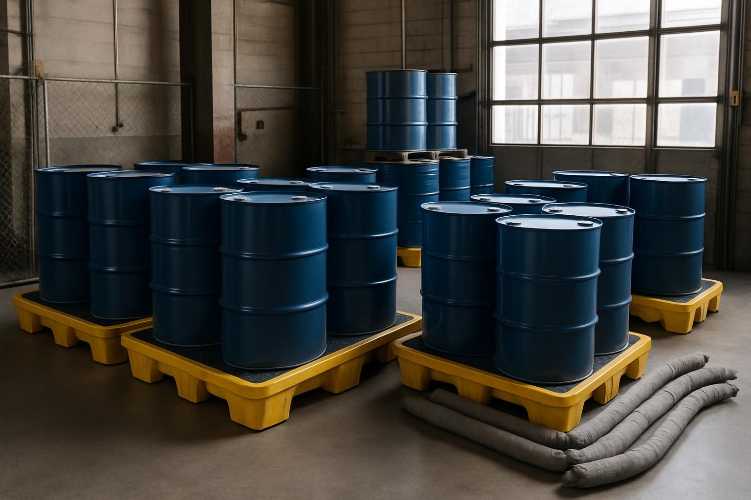 Warehouse chemical storage area with drums on secondary containment pallets and absorbent socks staged for spill response