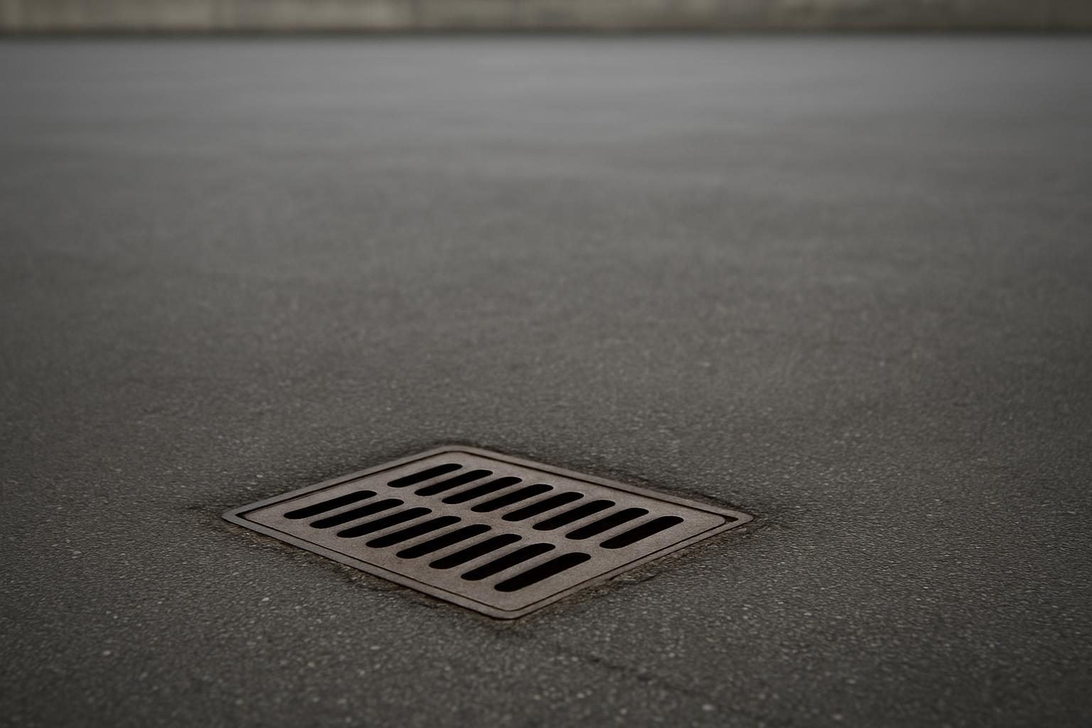 An empty asphalt yard with a plain cast-iron storm drain grate set into the surface beside a bare concrete curb