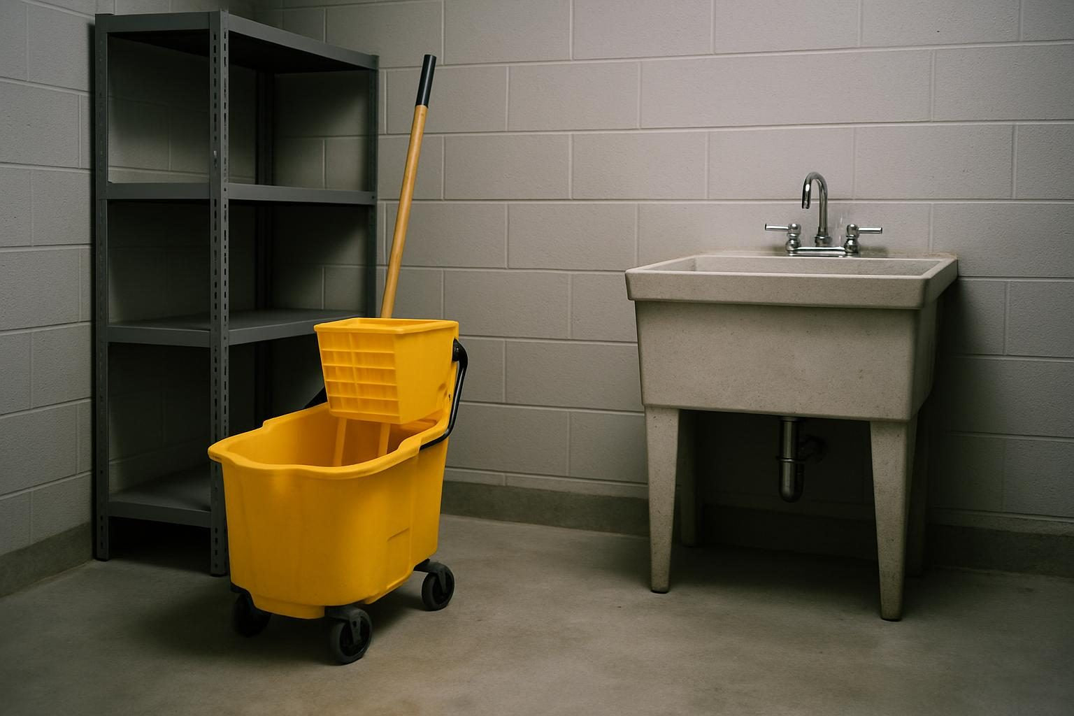 An empty janitorial closet with a mop bucket, a utility sink and a plain metal shelf, the kind of back of house space an exposure control plan has to be reachable from