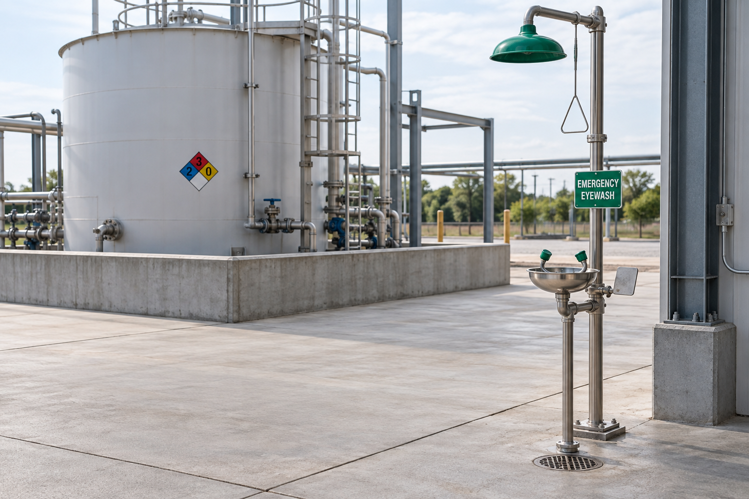 Emergency eyewash and safety shower beside a contained chemical storage tank with a clear access area