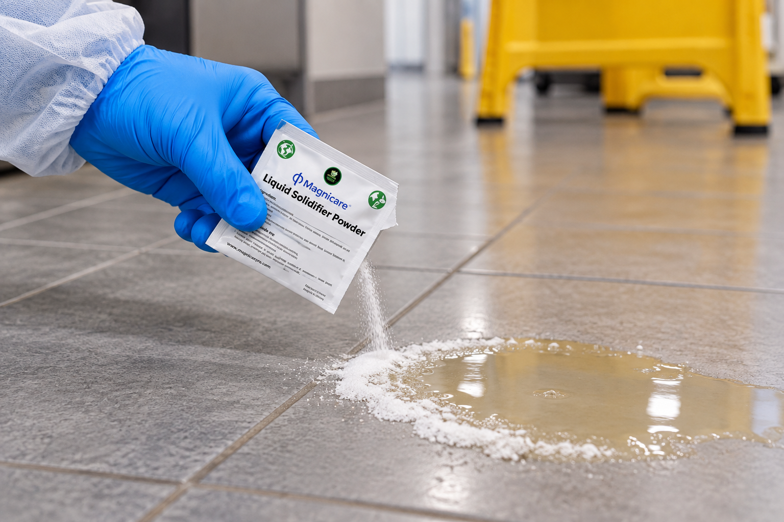 Gloved hand applying Magnicare Liquid Solidifier Powder along the edge of a liquid spill on a tiled floor