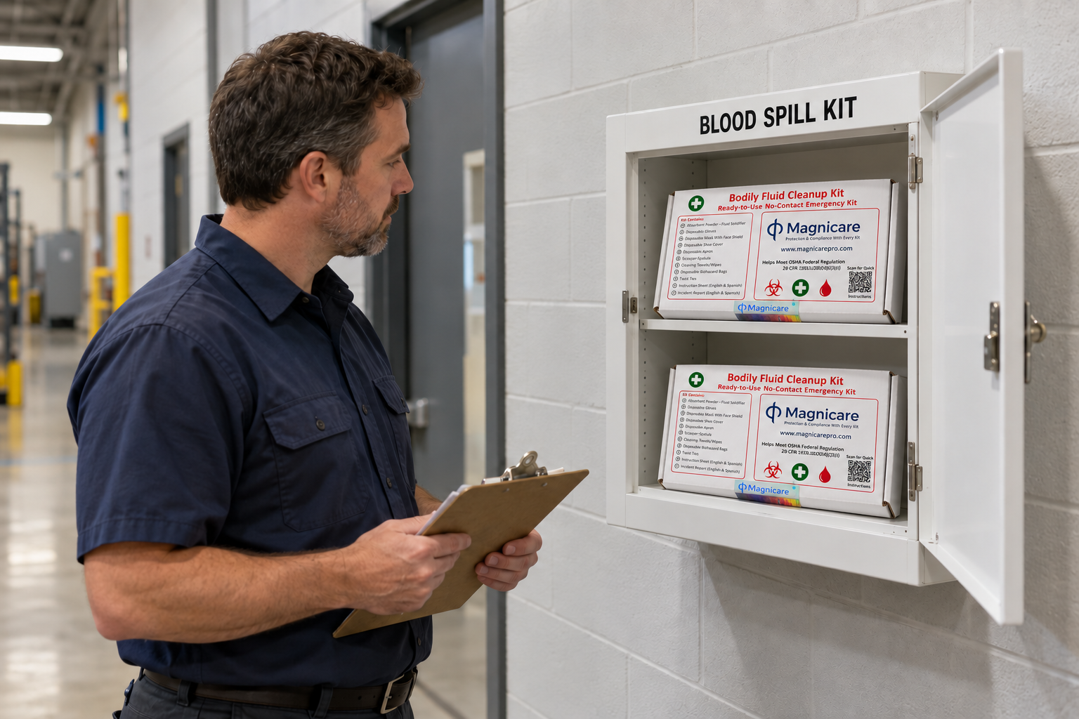 Facilities supervisor inspecting two Magnicare bodily fluid cleanup kit boxes in a wall-mounted blood spill kit cabinet