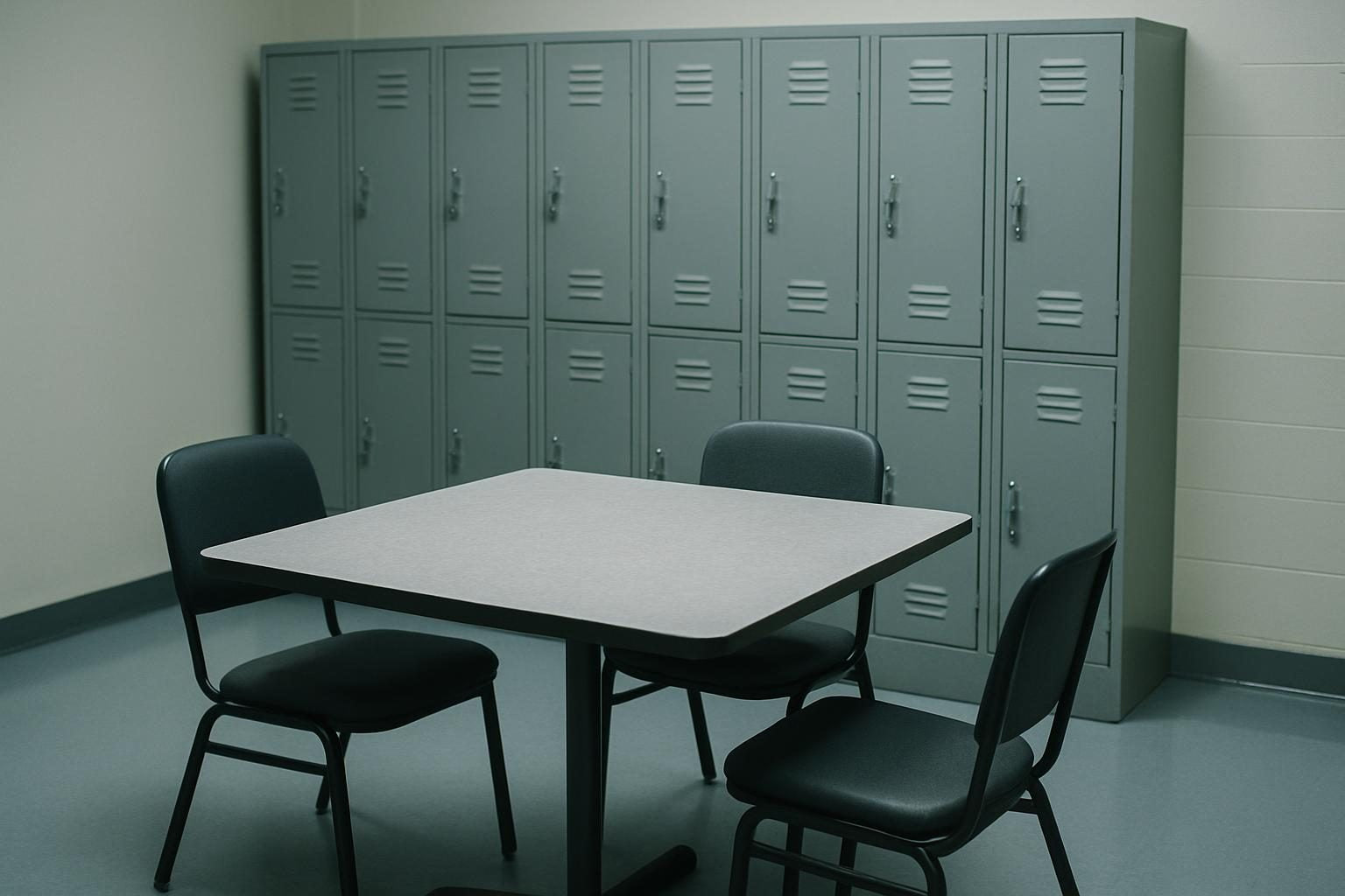Empty back-of-house staff break room with plain lockers and a bare table, representing food employees excluded from work during a norovirus outbreak