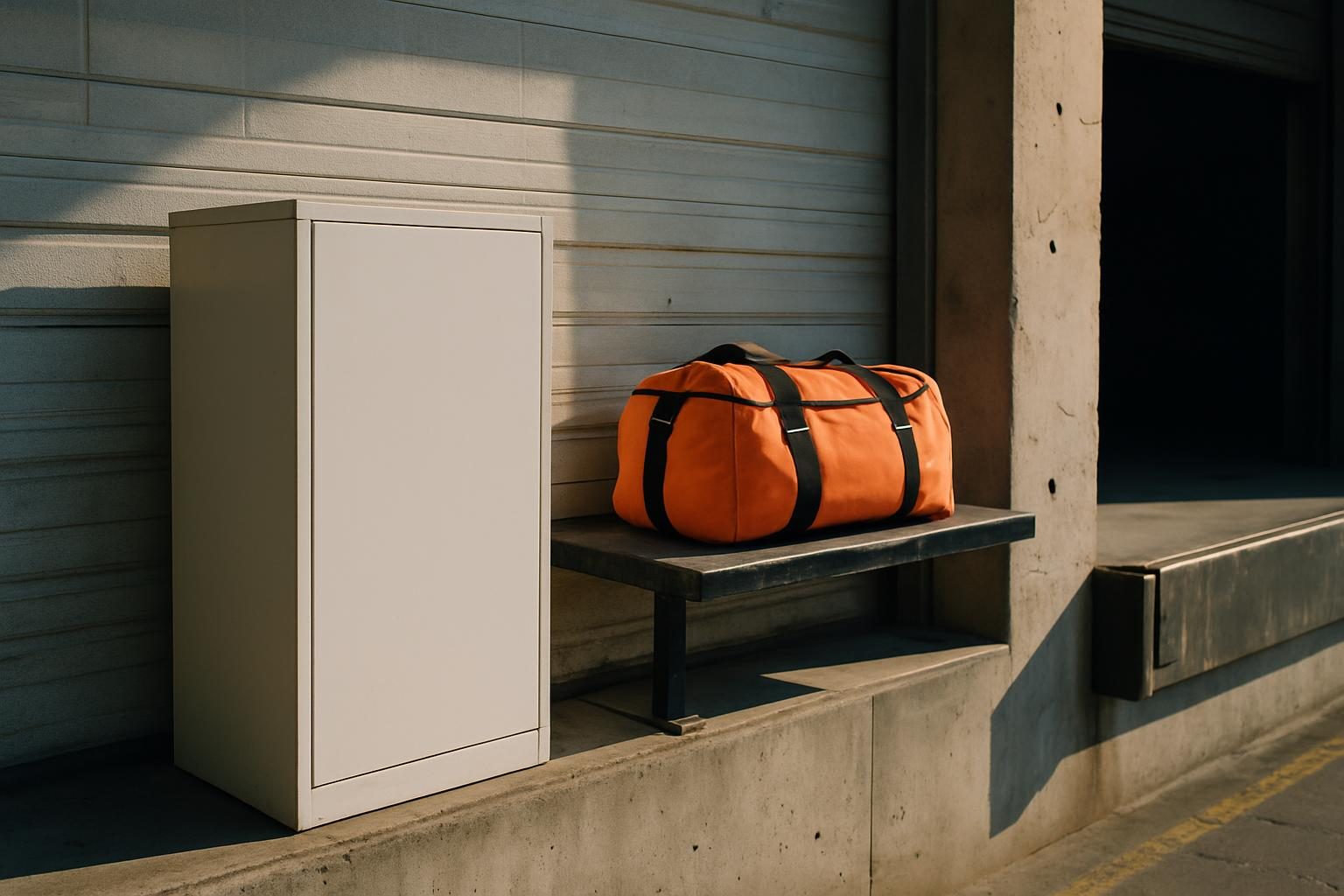 Plain unmarked first aid cabinet beside an orange spill kit duffel bag on a warehouse loading dock shelf