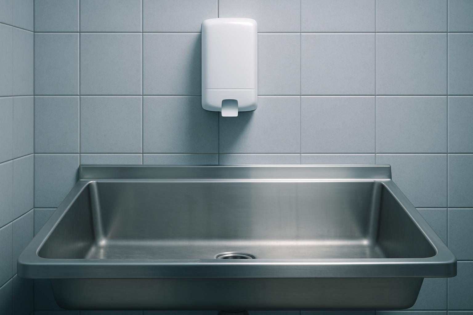 Empty staff handwash station in a back-of-house area, where a PPE removal sequence ends