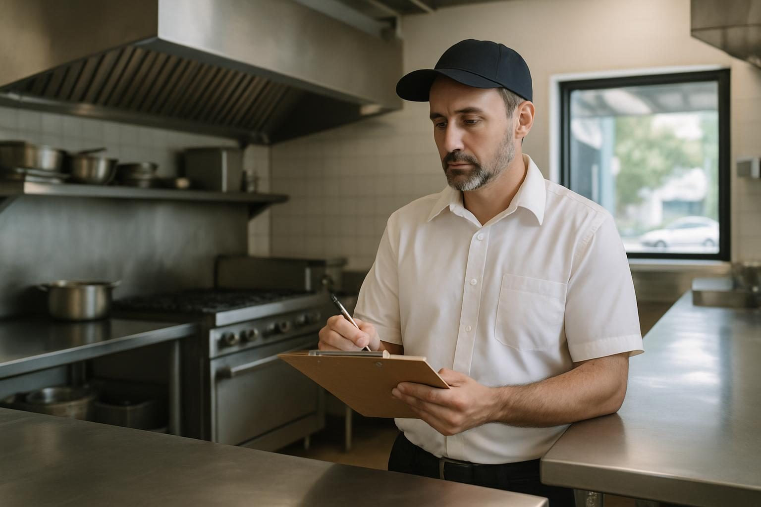 Health inspector with a clipboard reviewing a clean commercial restaurant kitchen during an inspection