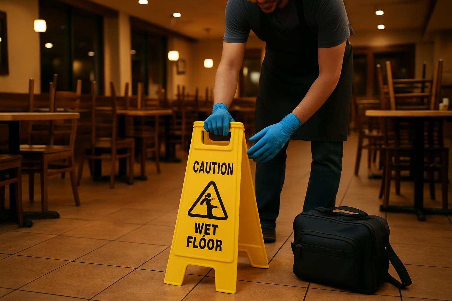 Restaurant employee in nitrile gloves closing off a section of dining room floor with a wet floor sign and a grab-and-go vomit cleanup kit