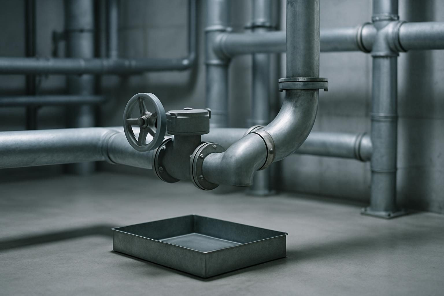 Empty plant room with bare steel pipework, a plain valve and an empty drip tray on a sealed concrete floor