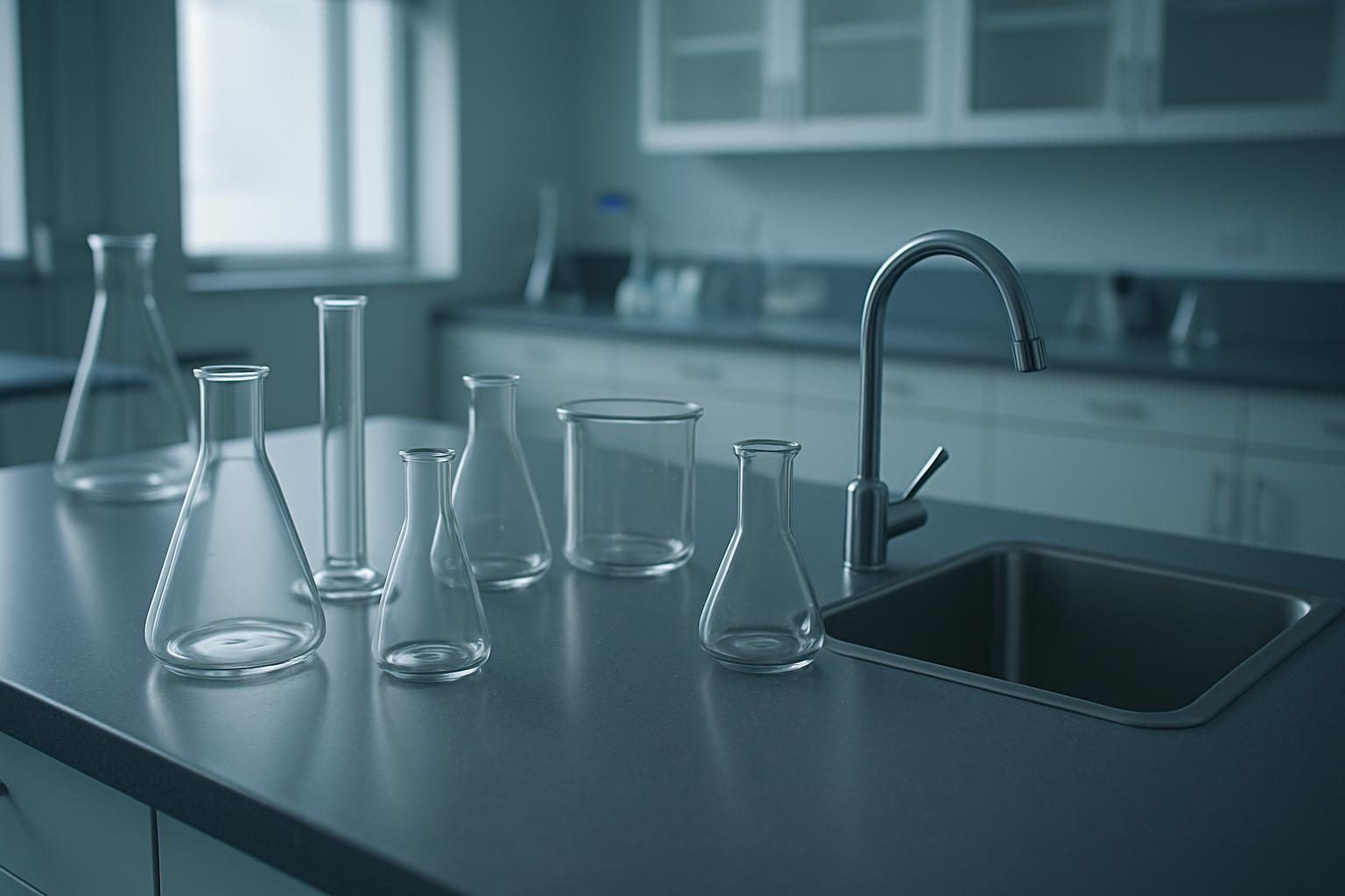 Empty laboratory bench with plain glassware and a stainless sink, a workplace where spill kit selection is governed by the OSHA standard rather than an approval scheme