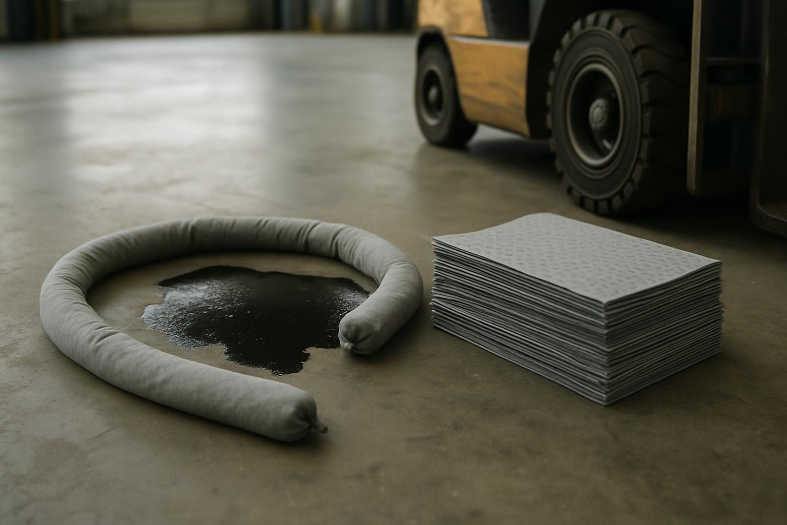Grey universal absorbent sock ringing an oil patch on the concrete floor of an equipment maintenance bay, with absorbent pads stacked nearby