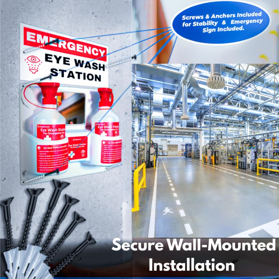 Portable Eye Wash Station OSHA Approved – Wall-Mounted Emergency Eyewash Kit with Mirror & Emergency Sign Included – First Aid Safety Equipment (Solution Not Included)