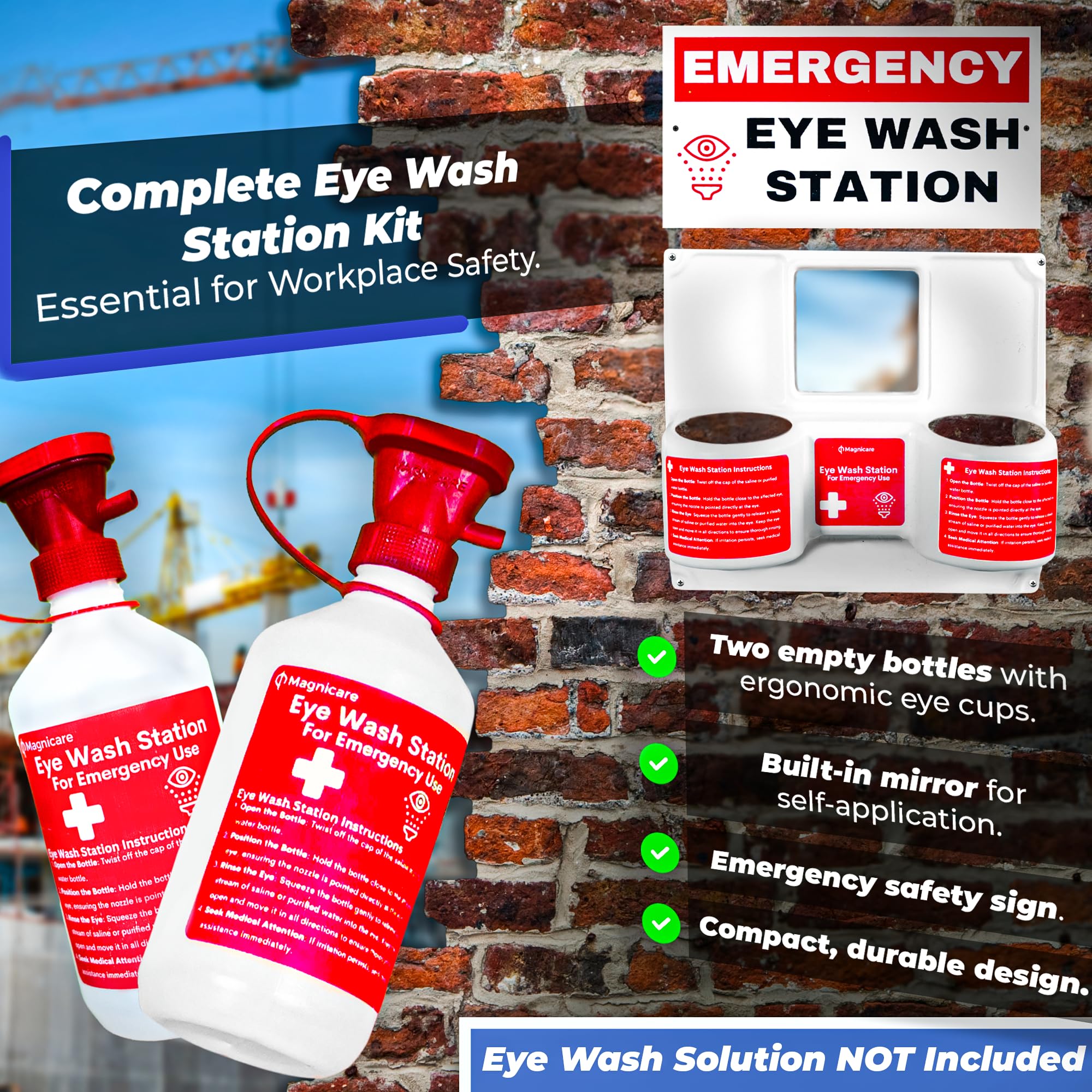 Portable Eye Wash Station OSHA Approved – Wall-Mounted Emergency Eyewash Kit with Mirror & Emergency Sign Included – First Aid Safety Equipment (Solution Not Included)