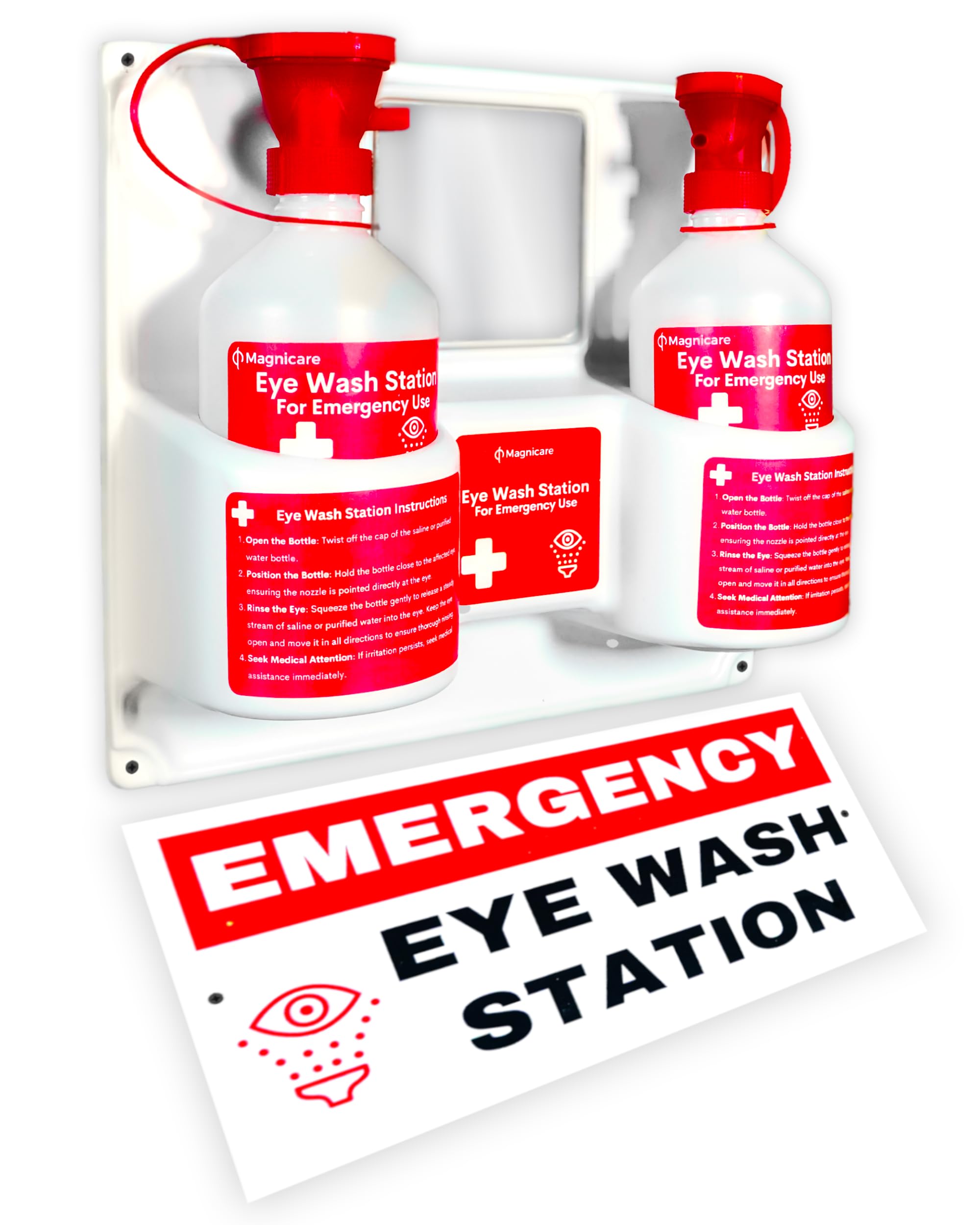 Portable Eye Wash Station OSHA Approved – Wall-Mounted Emergency Eyewash Kit with Mirror & Emergency Sign Included – First Aid Safety Equipment (Solution Not Included)