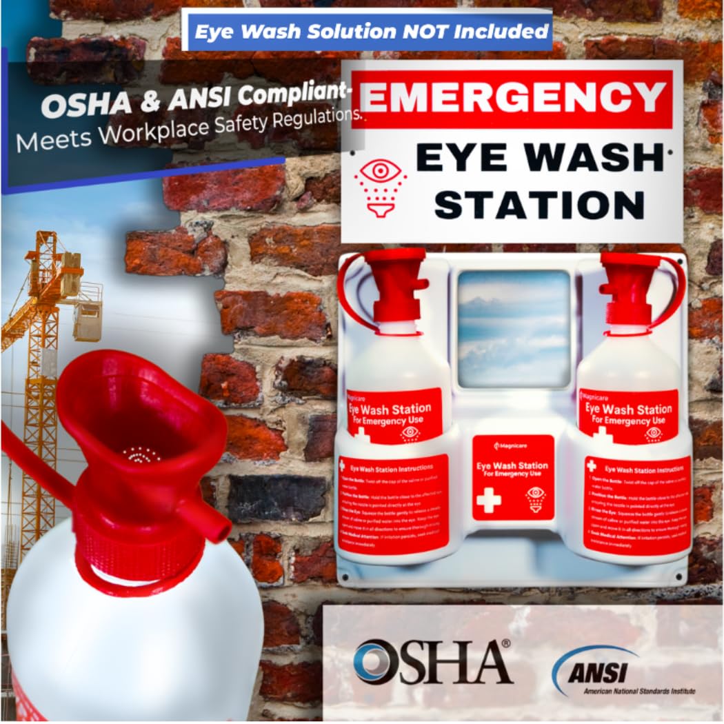Portable Eye Wash Station OSHA Approved – Wall-Mounted Emergency Eyewash Kit with Mirror & Emergency Sign Included – First Aid Safety Equipment (Solution Not Included)