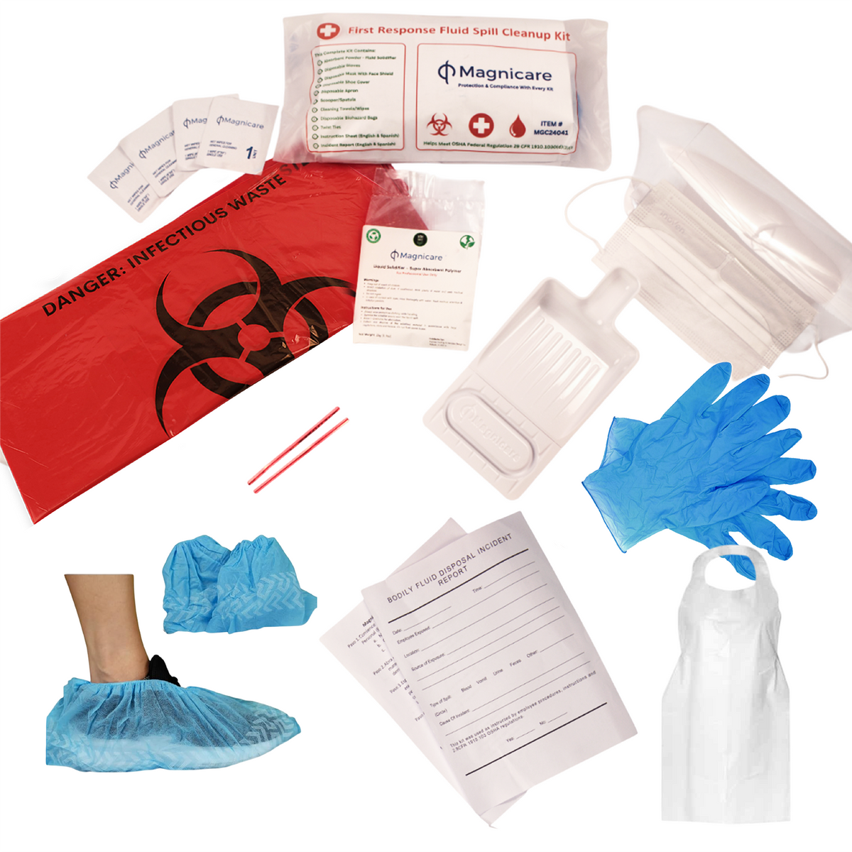 Magnicare bodily fluid and vomit cleanup kit in orange bag