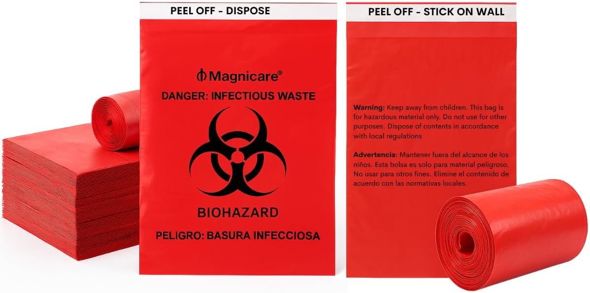 Red Biohazard Bags Small 14"x10" (1 Gallon) - Hazardous Waste Bags With Strong Adhesive Front & Back | Wall-Mounted Red Bio Hazard Waste Bags for Tattoo Shops, Clinics, Vet -100 Pack