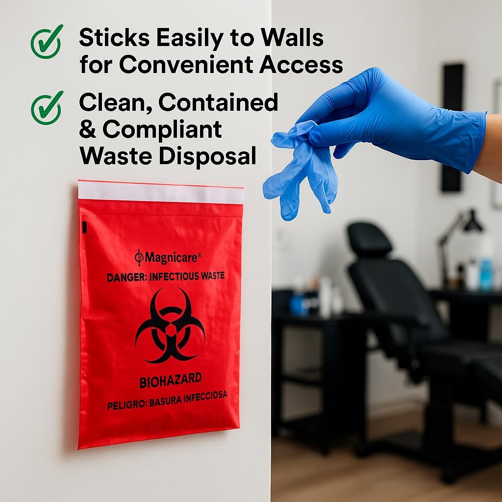 Red Biohazard Bags Small 14"x10" (1 Gallon) - Waste Bags With Strong Adhesive Front & Back for Tattoo Shops, Clinics, Vet -100 Pack