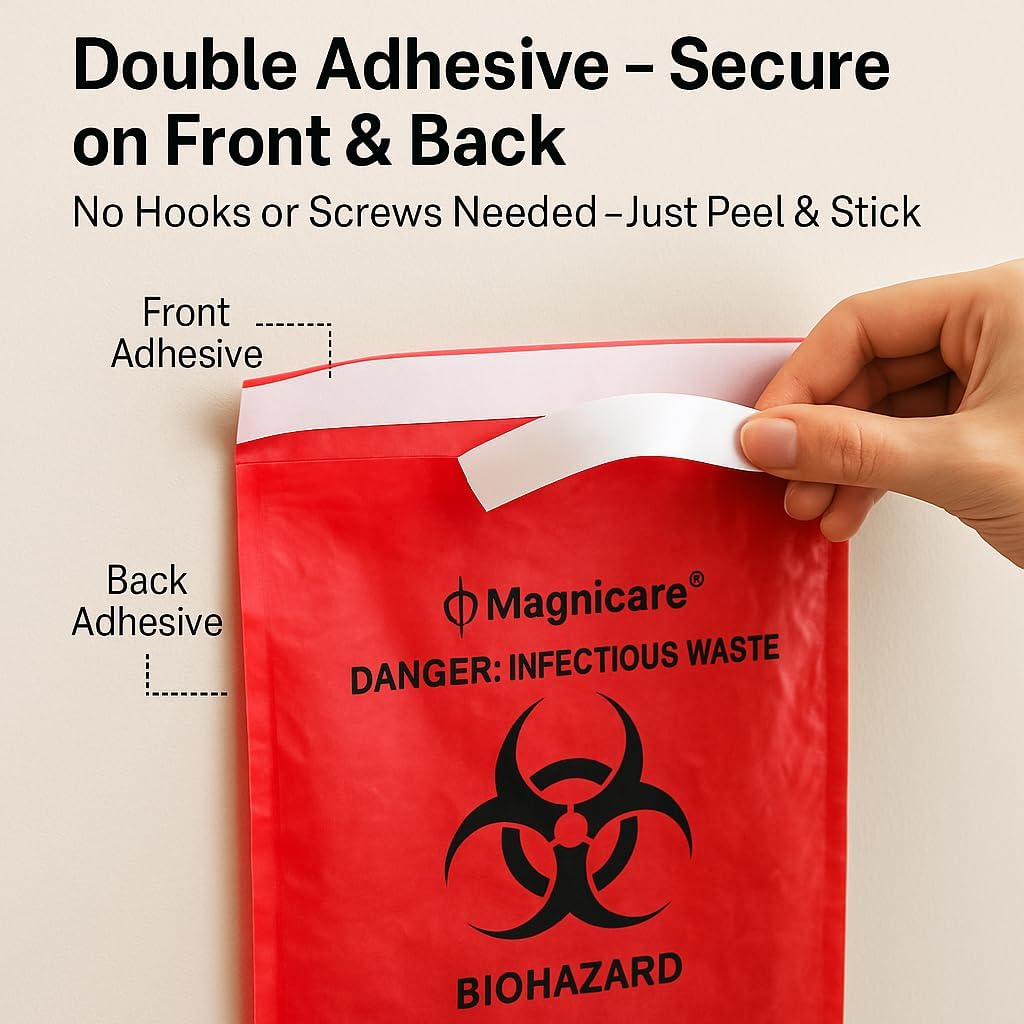Red Biohazard Bags Small 14"x10" (1 Gallon) - Waste Bags With Strong Adhesive Front & Back for Tattoo Shops, Clinics, Vet -100 Pack