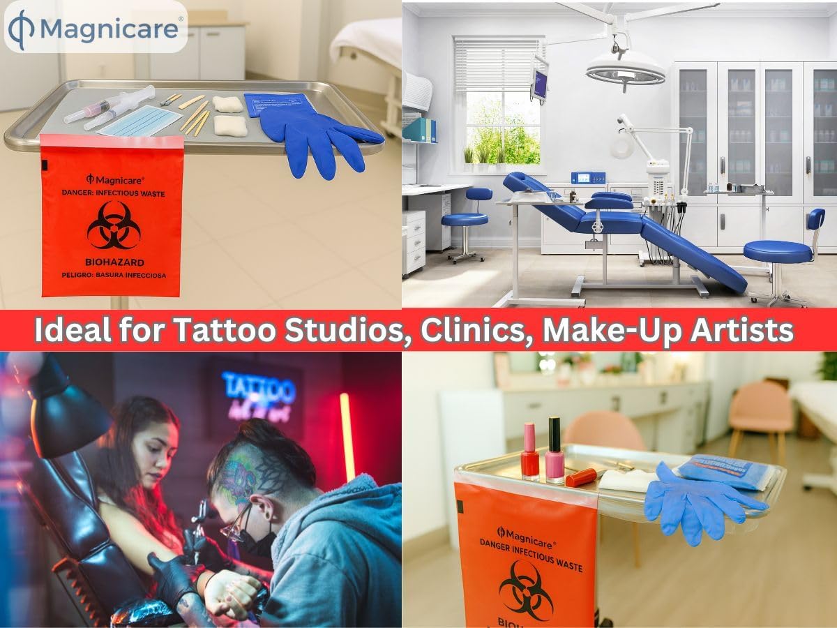 Red Biohazard Bags Small 14"x10" (1 Gallon) - Waste Bags With Strong Adhesive Front & Back for Tattoo Shops, Clinics, Vet -100 Pack
