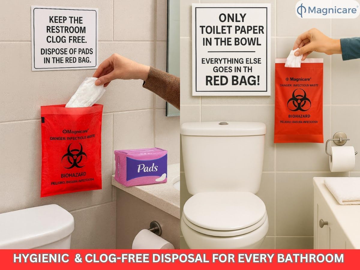 Red Biohazard Bags Small 14"x10" (1 Gallon) - Waste Bags With Strong Adhesive Front & Back for Tattoo Shops, Clinics, Vet -100 Pack