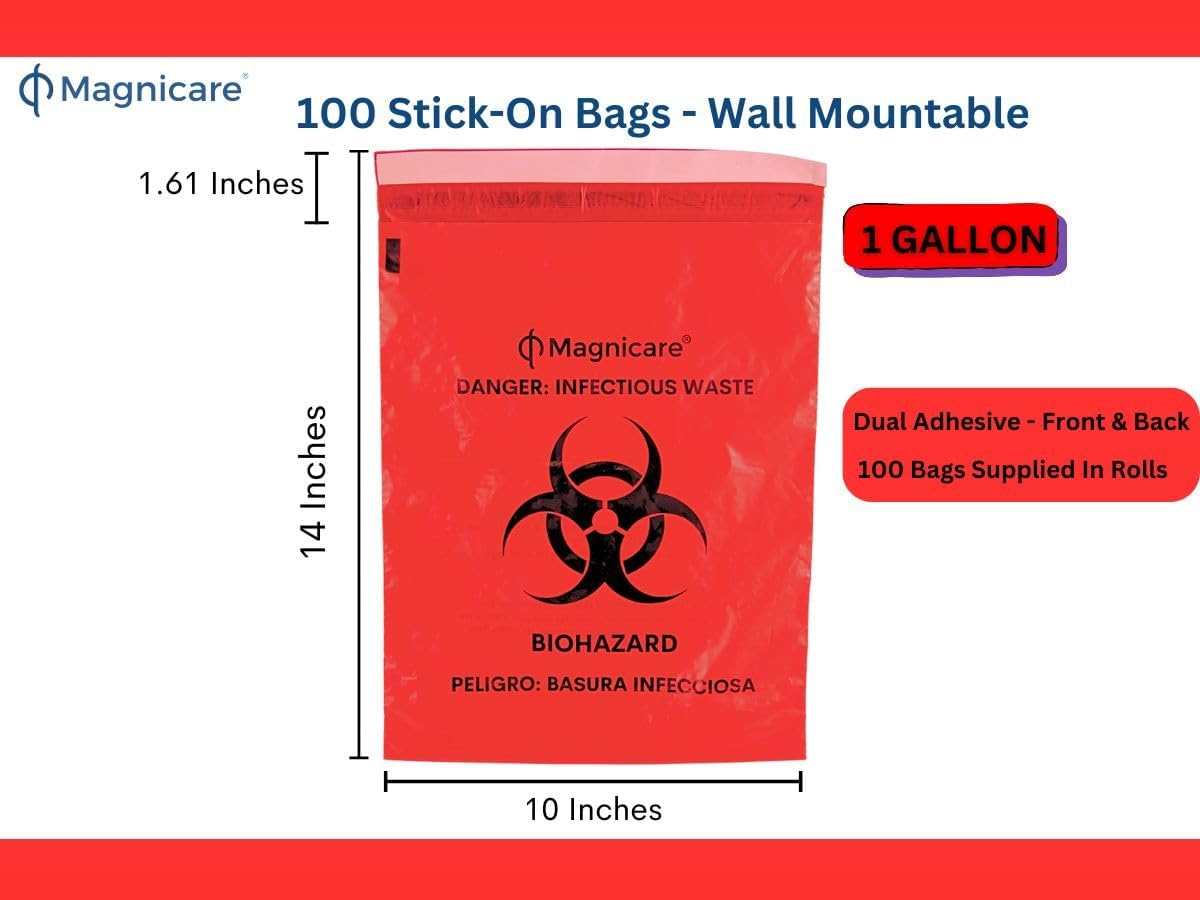 Red Biohazard Bags Small 14"x10" (1 Gallon) - Waste Bags With Strong Adhesive Front & Back for Tattoo Shops, Clinics, Vet -100 Pack