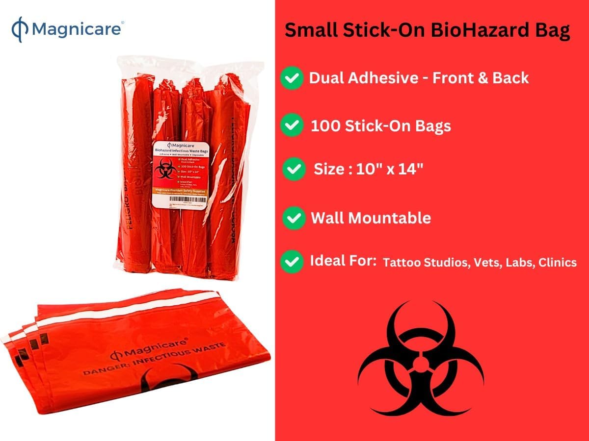Red Biohazard Bags Small 14"x10" (1 Gallon) - Waste Bags With Strong Adhesive Front & Back for Tattoo Shops, Clinics, Vet -100 Pack