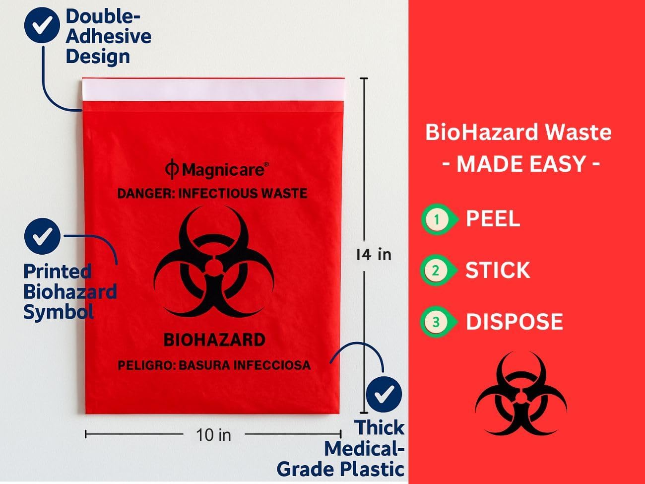 Red Biohazard Bags Small 14"x10" (1 Gallon) - Waste Bags With Strong Adhesive Front & Back for Tattoo Shops, Clinics, Vet -100 Pack