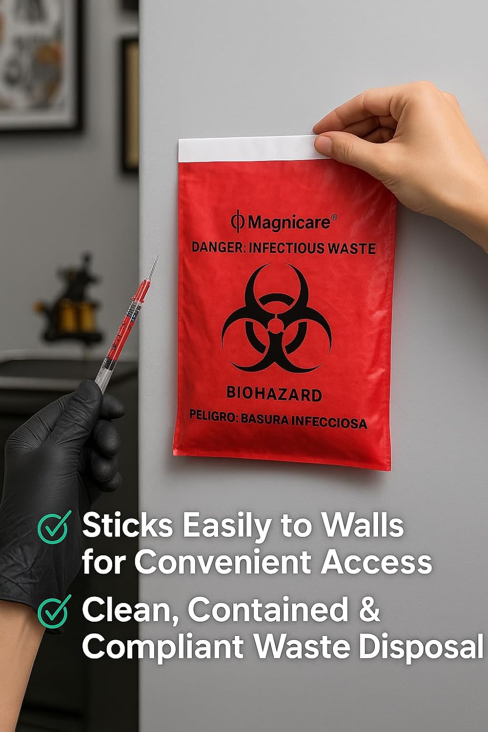 Red Biohazard Bags Small 14"x10" (1 Gallon) - Waste Bags With Strong Adhesive Front & Back for Tattoo Shops, Clinics, Vet -100 Pack