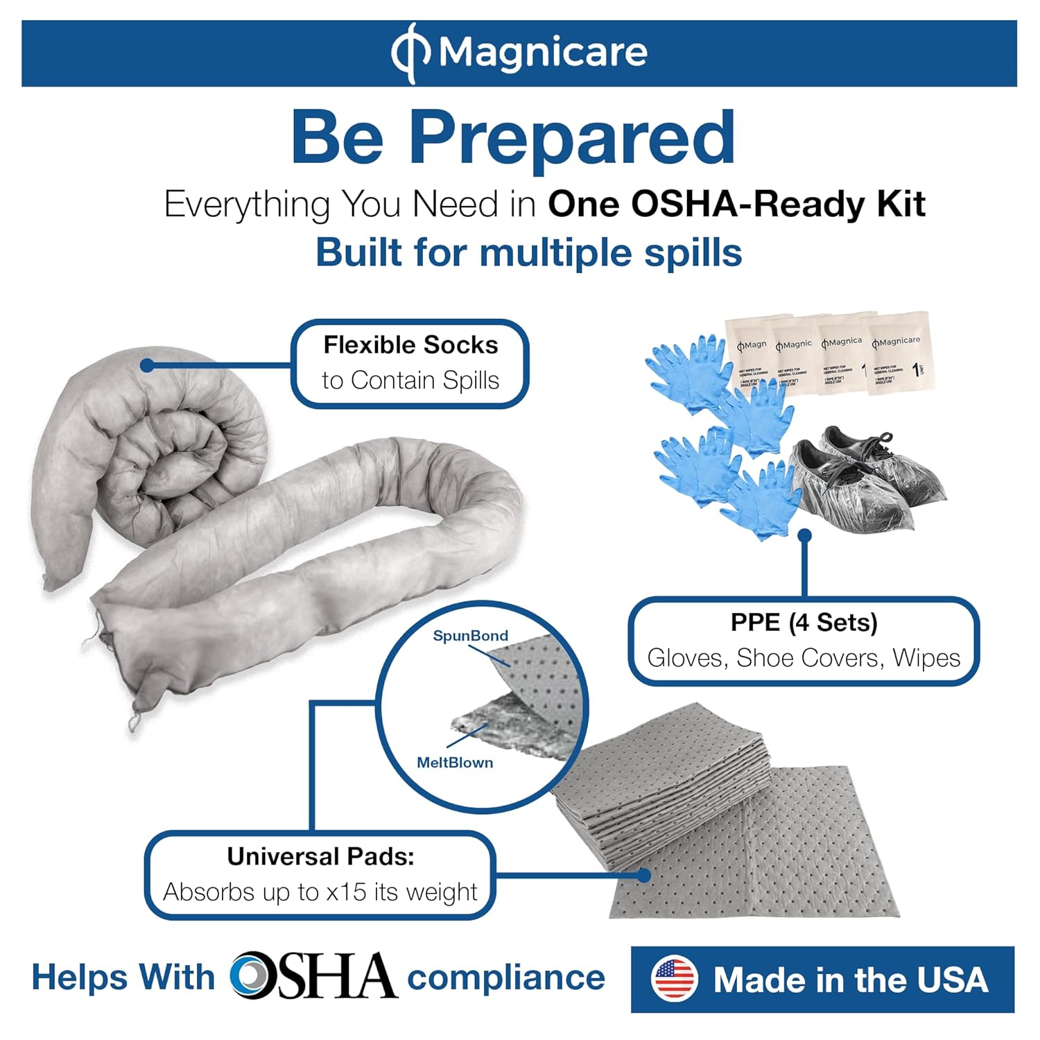 Universal Spill Kit OSHA Approved - Biohazard Clean up Kit for Oil, Water & Chemicals | Absorbent Pads, Socks, PPE, Biohazard Bags in Bright Orange Duffel Bag