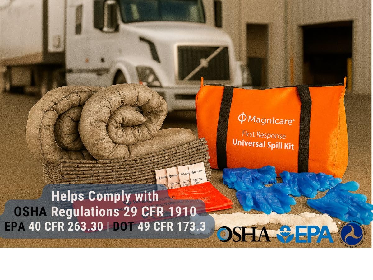 Universal Spill Kit OSHA Approved - Biohazard Clean up Kit for Oil, Water & Chemicals | Absorbent Pads, Socks, PPE, Biohazard Bags in Bright Orange Duffel Bag