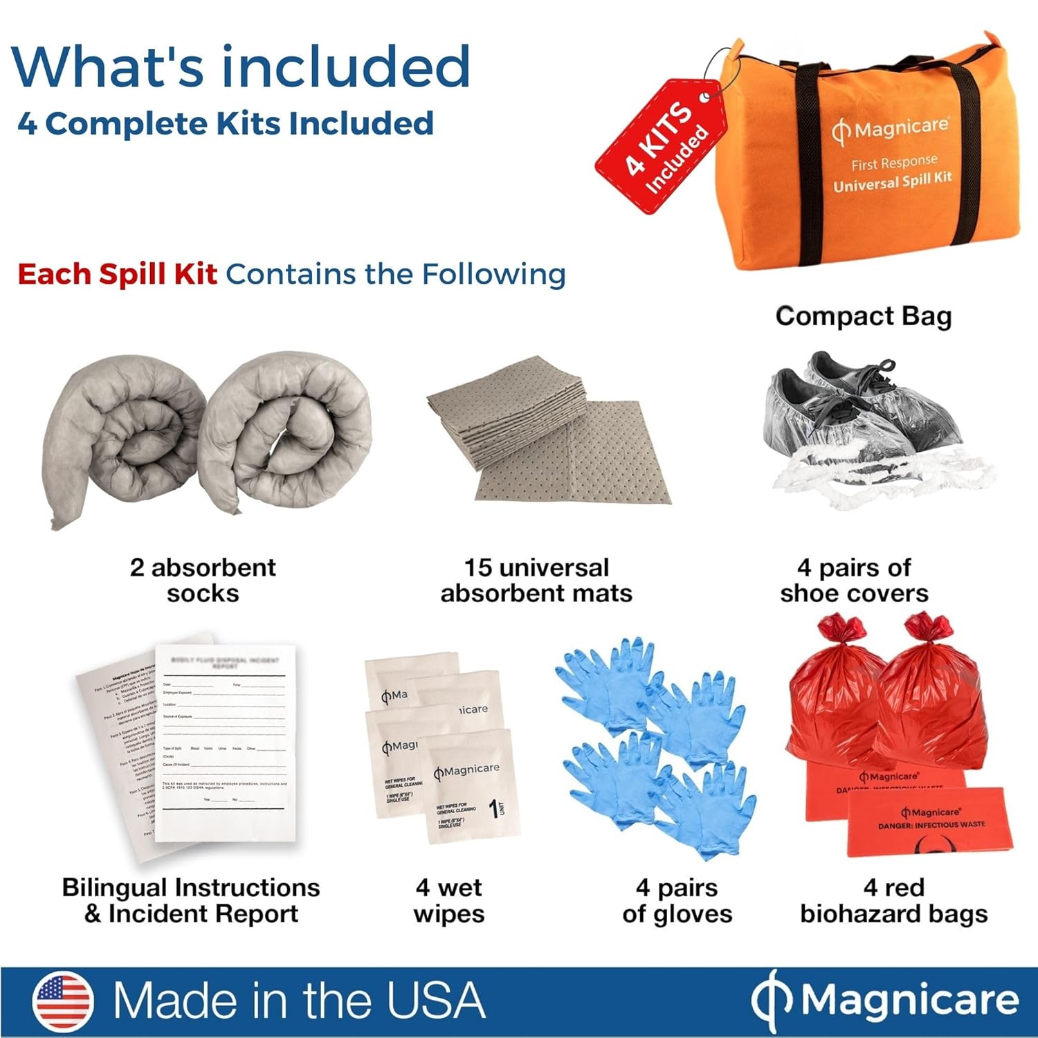 Universal Spill Kit OSHA Approved - Biohazard Clean up Kit for Oil, Water & Chemicals | Absorbent Pads, Socks, PPE, Biohazard Bags in Bright Orange Duffel Bag