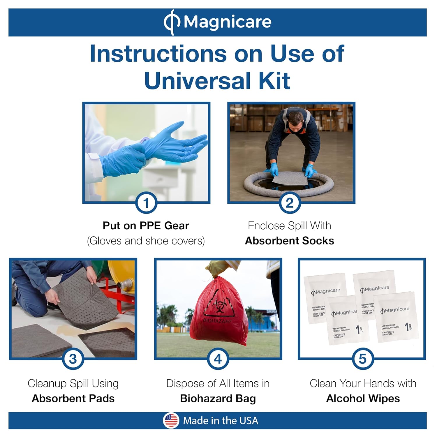 Universal Spill Kit OSHA Approved - Biohazard Clean up Kit for Oil, Water & Chemicals | Absorbent Pads, Socks, PPE, Biohazard Bags in Bright Orange Duffel Bag