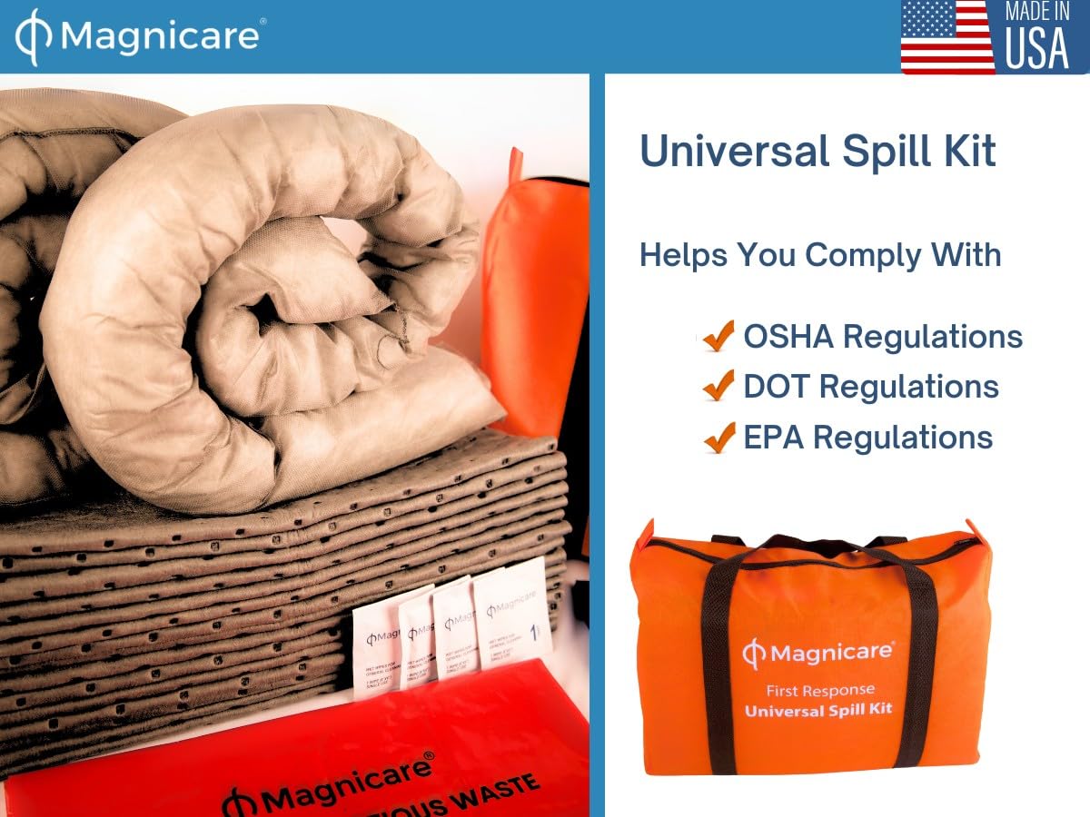 Universal Spill Kit OSHA Approved - Biohazard Clean up Kit for Oil, Water & Chemicals | Absorbent Pads, Socks, PPE, Biohazard Bags in Bright Orange Duffel Bag