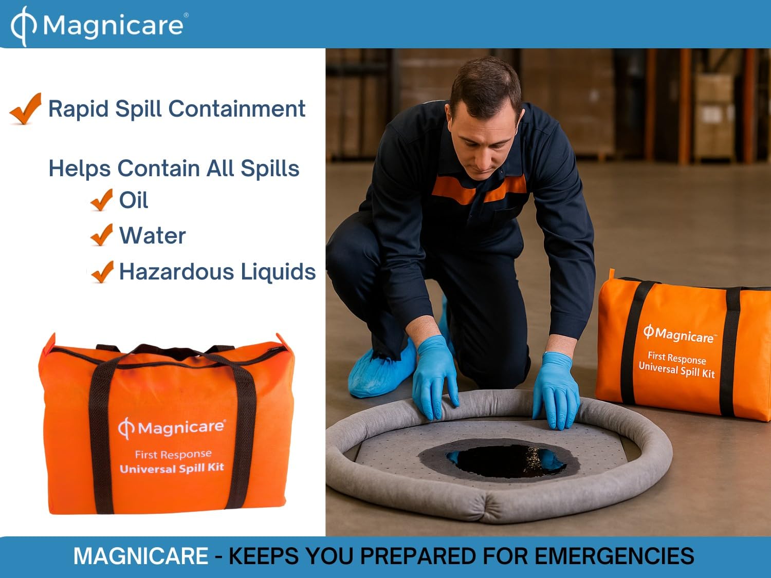 Universal Spill Kit OSHA Approved - Biohazard Clean up Kit for Oil, Water & Chemicals | Absorbent Pads, Socks, PPE, Biohazard Bags in Bright Orange Duffel Bag