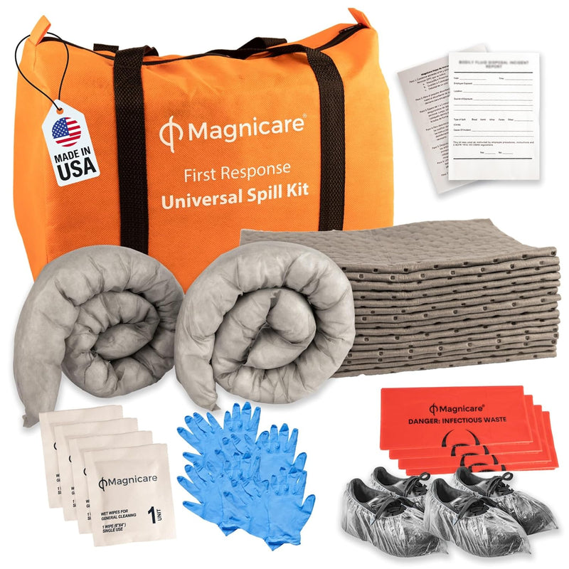 Universal Spill Kit - Biohazard Clean up Kit for Oil, Water & Chemicals in Bright Orange Duffel Bag