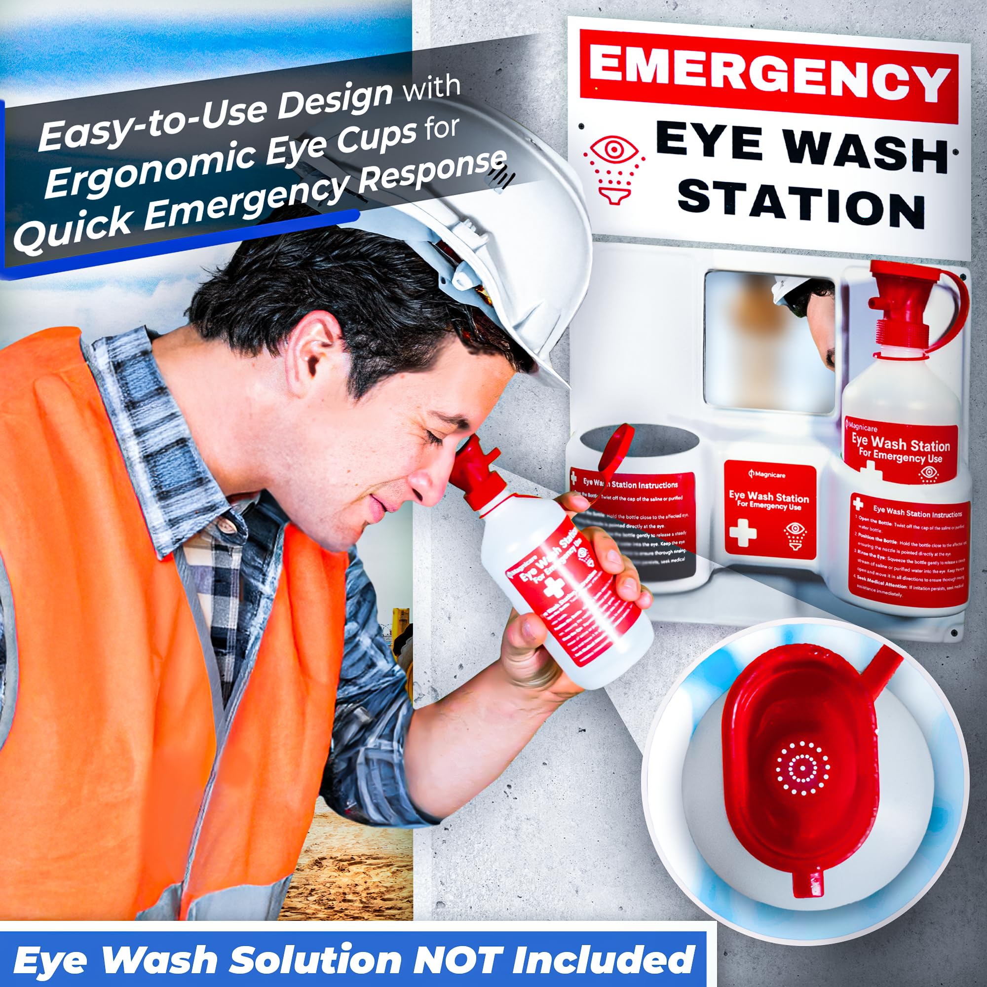 Portable Eye Wash Station OSHA Approved – Wall-Mounted Emergency Eyewash Kit with Mirror & Emergency Sign Included – First Aid Safety Equipment (Solution Not Included)